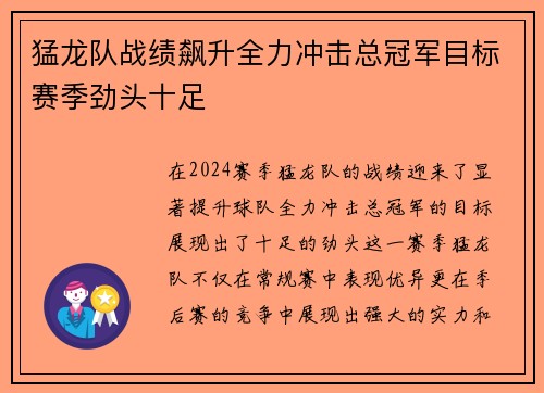 猛龙队战绩飙升全力冲击总冠军目标赛季劲头十足