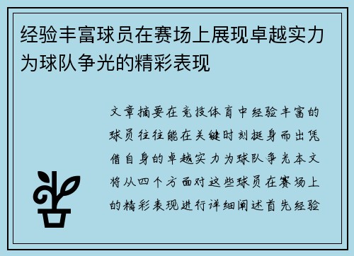 经验丰富球员在赛场上展现卓越实力为球队争光的精彩表现