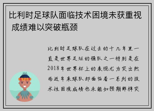 比利时足球队面临技术困境未获重视 成绩难以突破瓶颈
