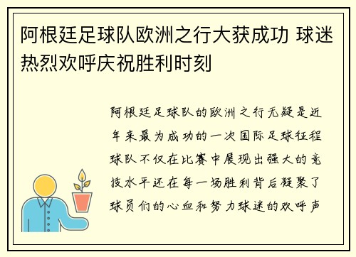阿根廷足球队欧洲之行大获成功 球迷热烈欢呼庆祝胜利时刻