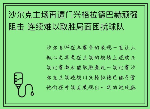 沙尔克主场再遭门兴格拉德巴赫顽强阻击 连续难以取胜局面困扰球队