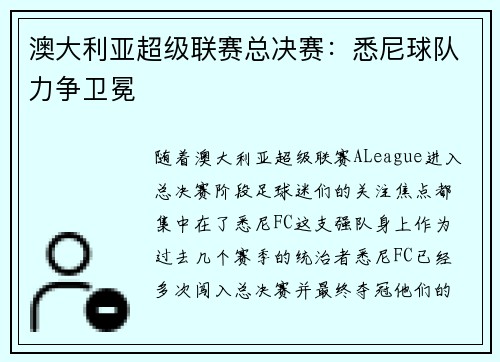 澳大利亚超级联赛总决赛：悉尼球队力争卫冕