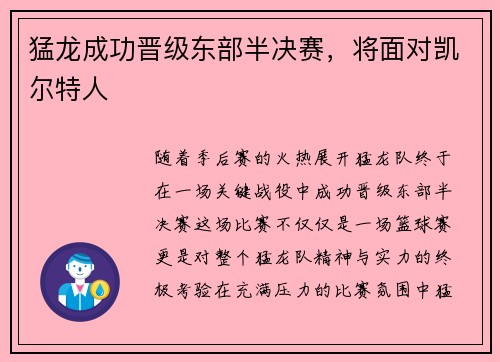 猛龙成功晋级东部半决赛，将面对凯尔特人
