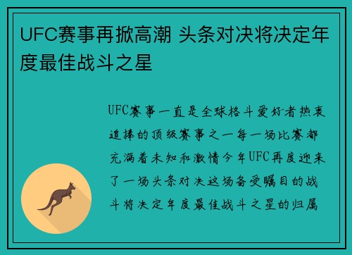 UFC赛事再掀高潮 头条对决将决定年度最佳战斗之星