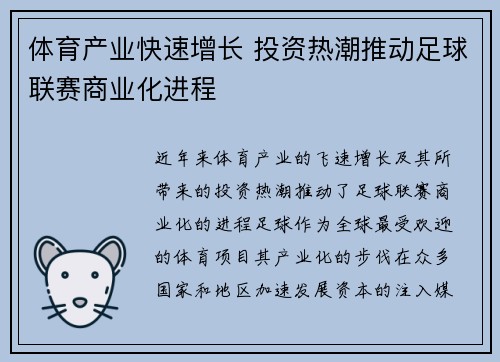 体育产业快速增长 投资热潮推动足球联赛商业化进程