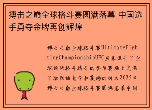 搏击之巅全球格斗赛圆满落幕 中国选手勇夺金牌再创辉煌